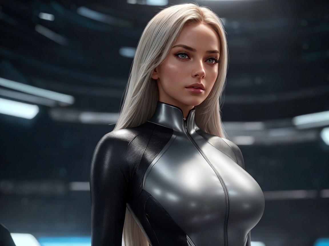 Futuristic Female Character in Metallic Suit and High-Tech Setting