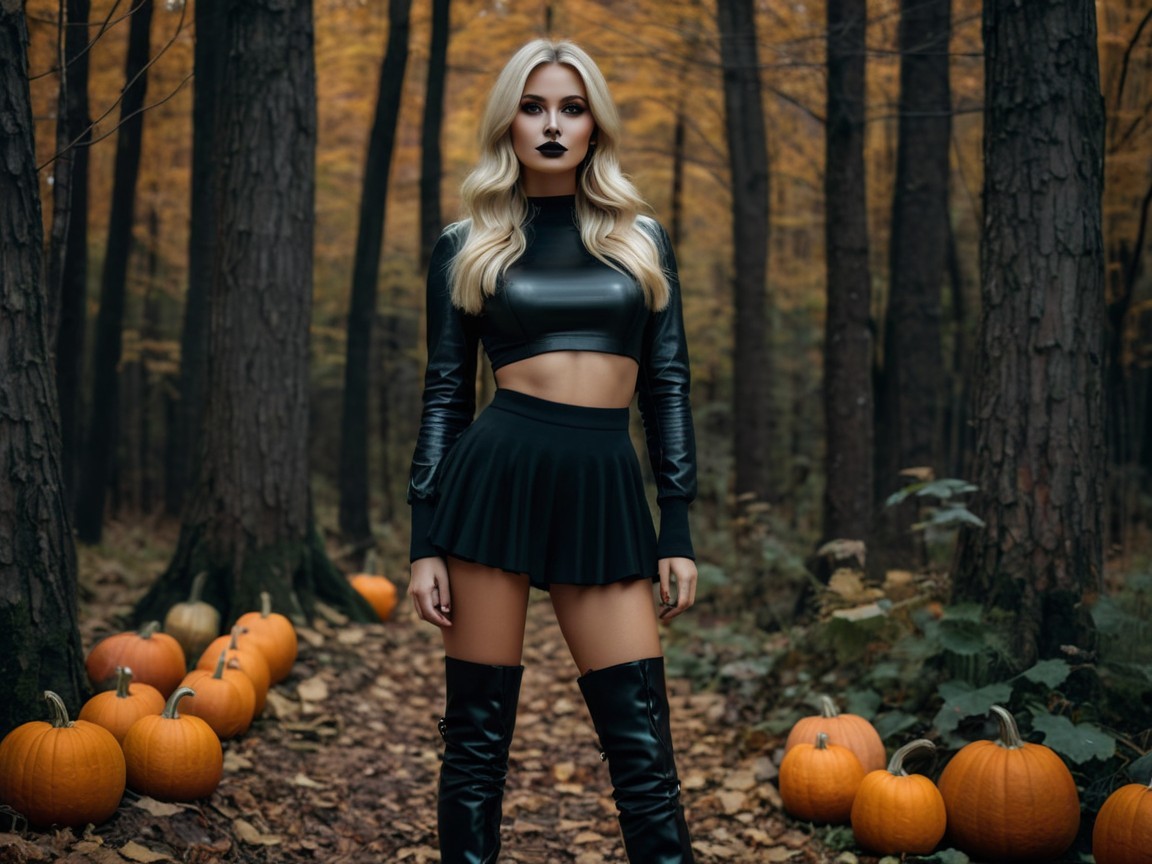 Model in Autumn Forest with Stylish Outfit and Pumpkins
