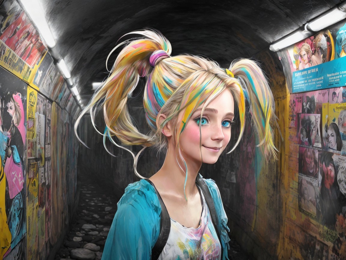 Young woman in colorful outfit in graffiti tunnel