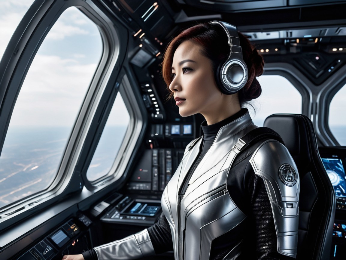 Female Astronaut in Spacecraft Cockpit with Earth View