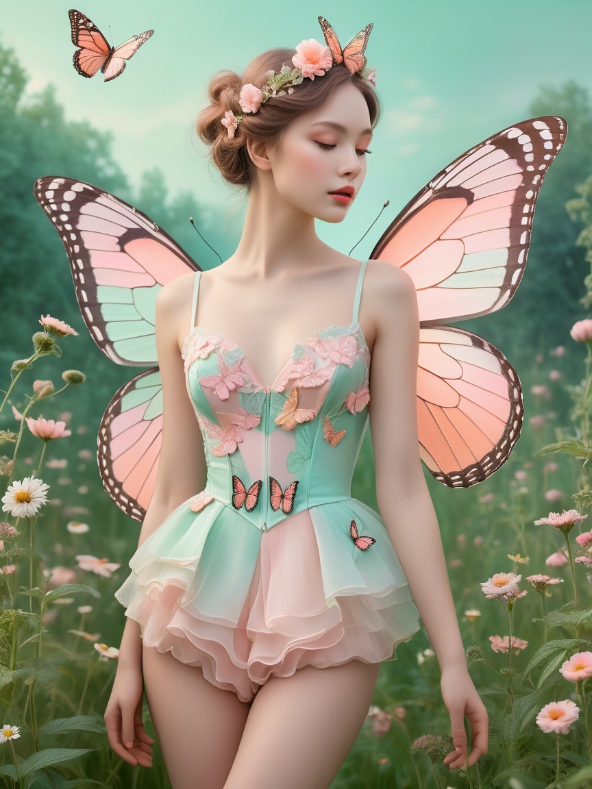 Graceful figure in meadow with butterfly wings and flowers