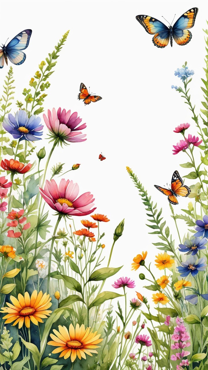 Vibrant Floral Garden with Colorful Wildflowers and Butterflies
