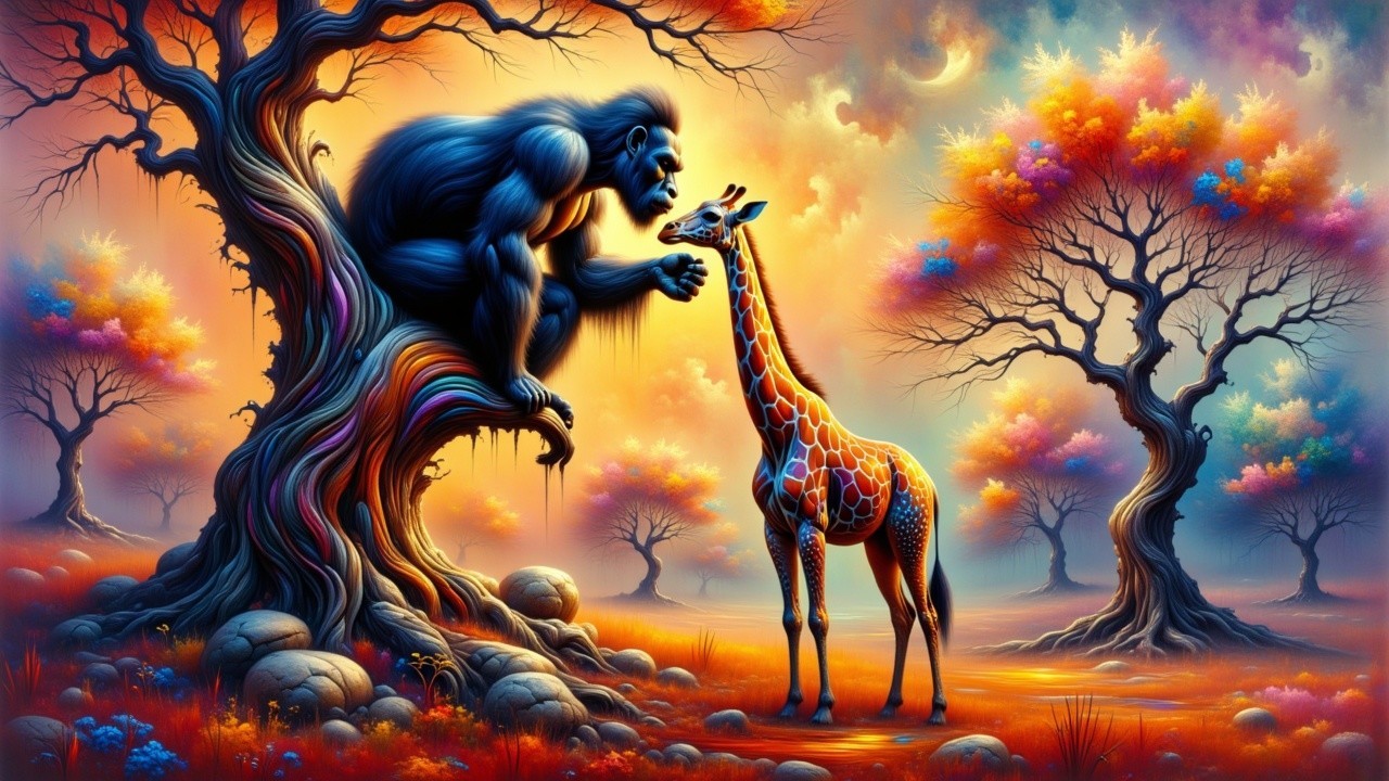 Gorilla and giraffe in a colorful dreamlike landscape