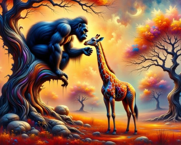 Gorilla and giraffe in a colorful dreamlike landscape