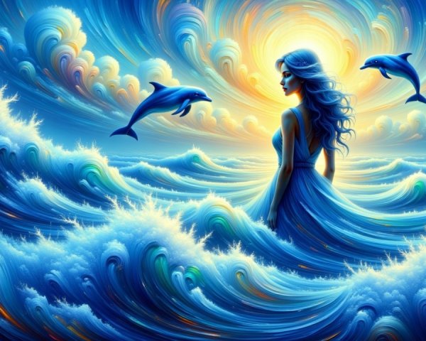 Silhouette of Woman in Vibrant Ocean Waves and Sky