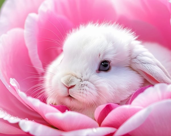 Fluffy White Bunny Nestled in Vibrant Pink Flower