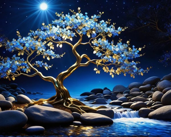 Blue Tree with Golden Branches by Tranquil Stream