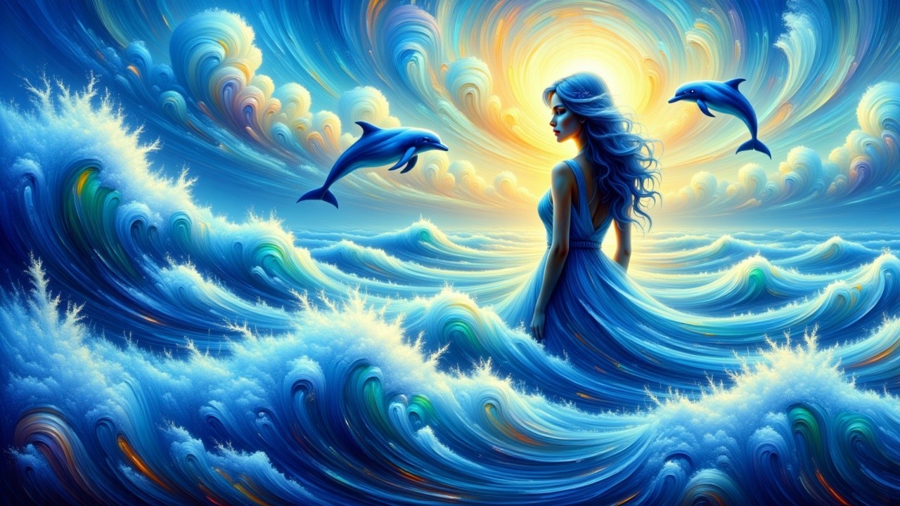 Silhouette of Woman in Vibrant Ocean Waves and Sky