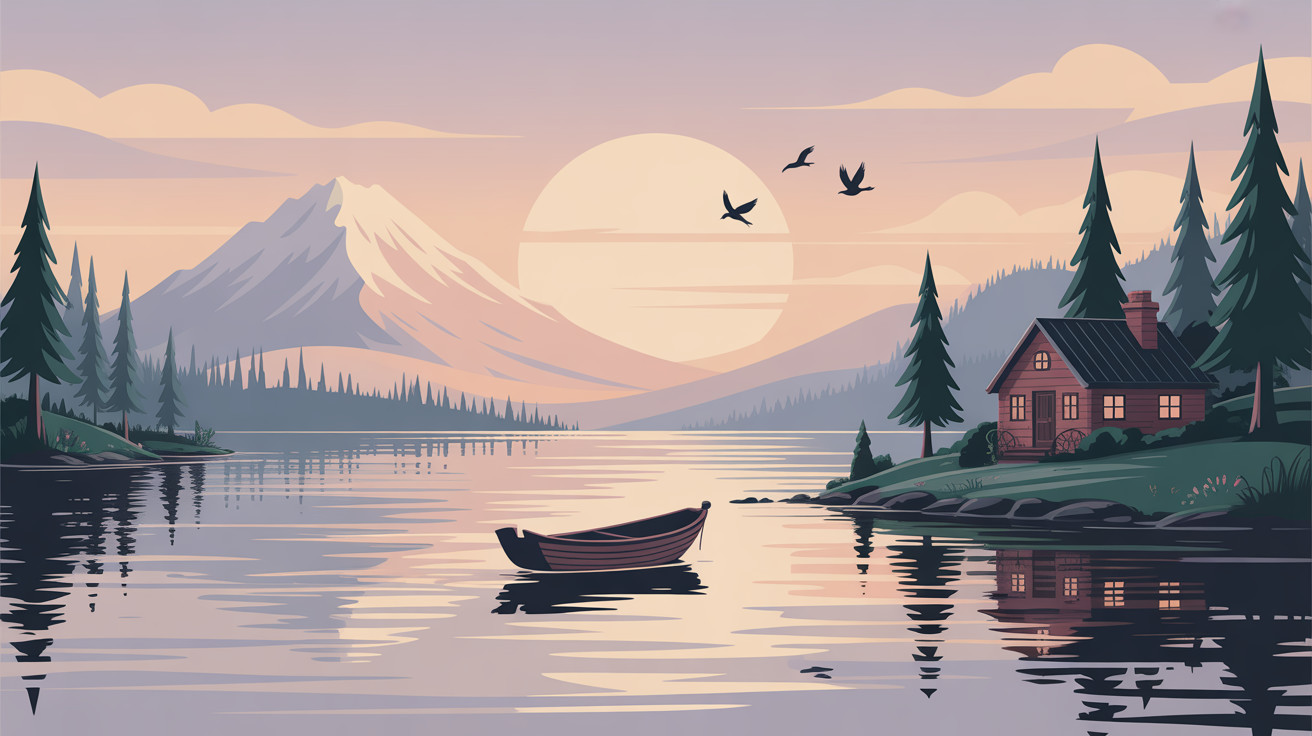 Tranquil Lake with Sunset and Mountain Landscape