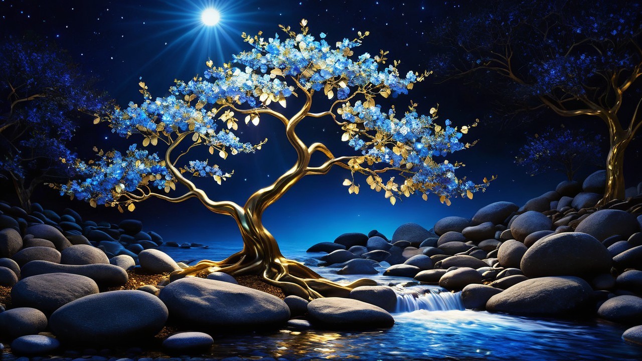 Blue Tree with Golden Branches by Tranquil Stream
