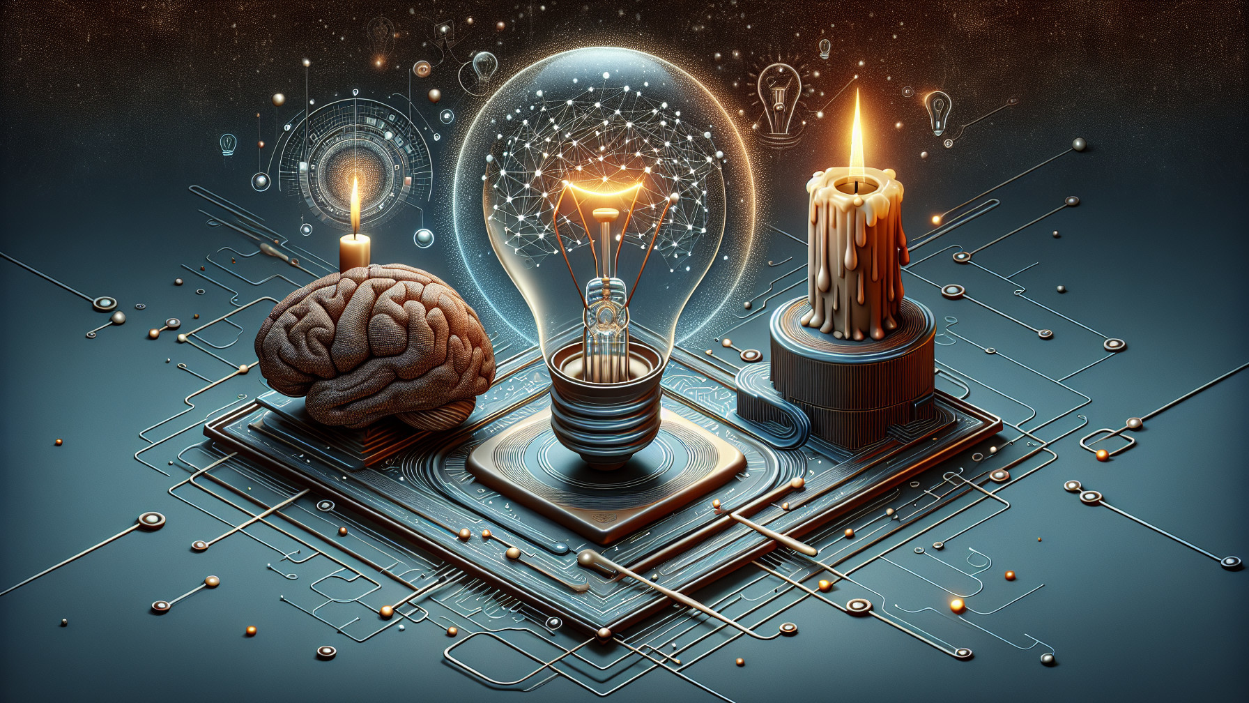 Surreal Composition of Brain, Light Bulb, and Candle