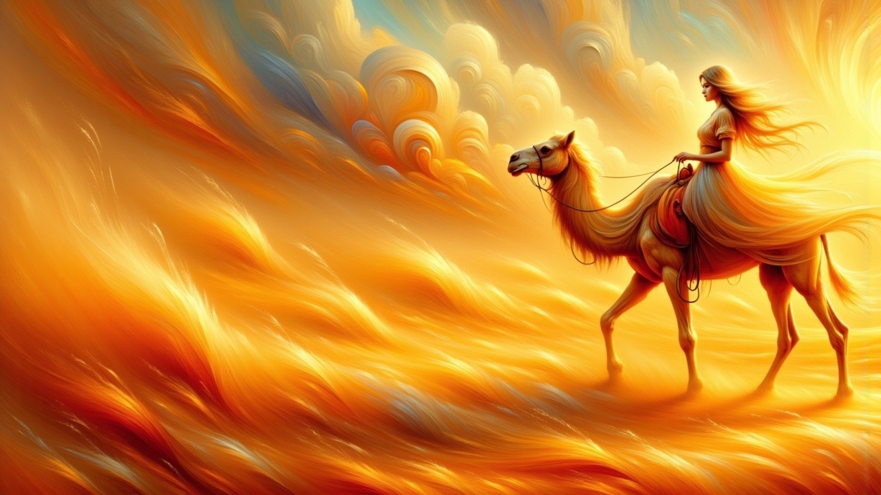 Woman in flowing dress riding camel under vibrant clouds