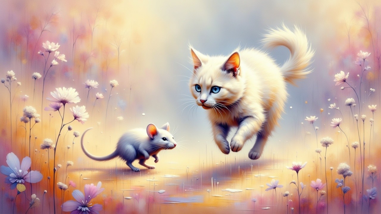 Fluffy White Kitten Chasing Grey Mouse in Pastel Field