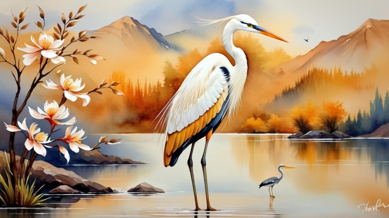 Serene Landscape with Herons and Tranquil Waters