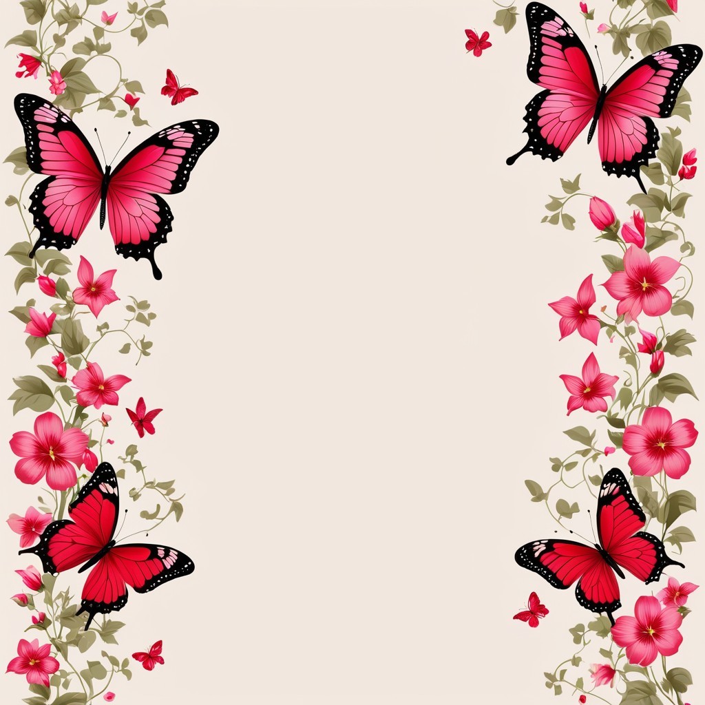 Floral Border with Pink Flowers and Butterflies