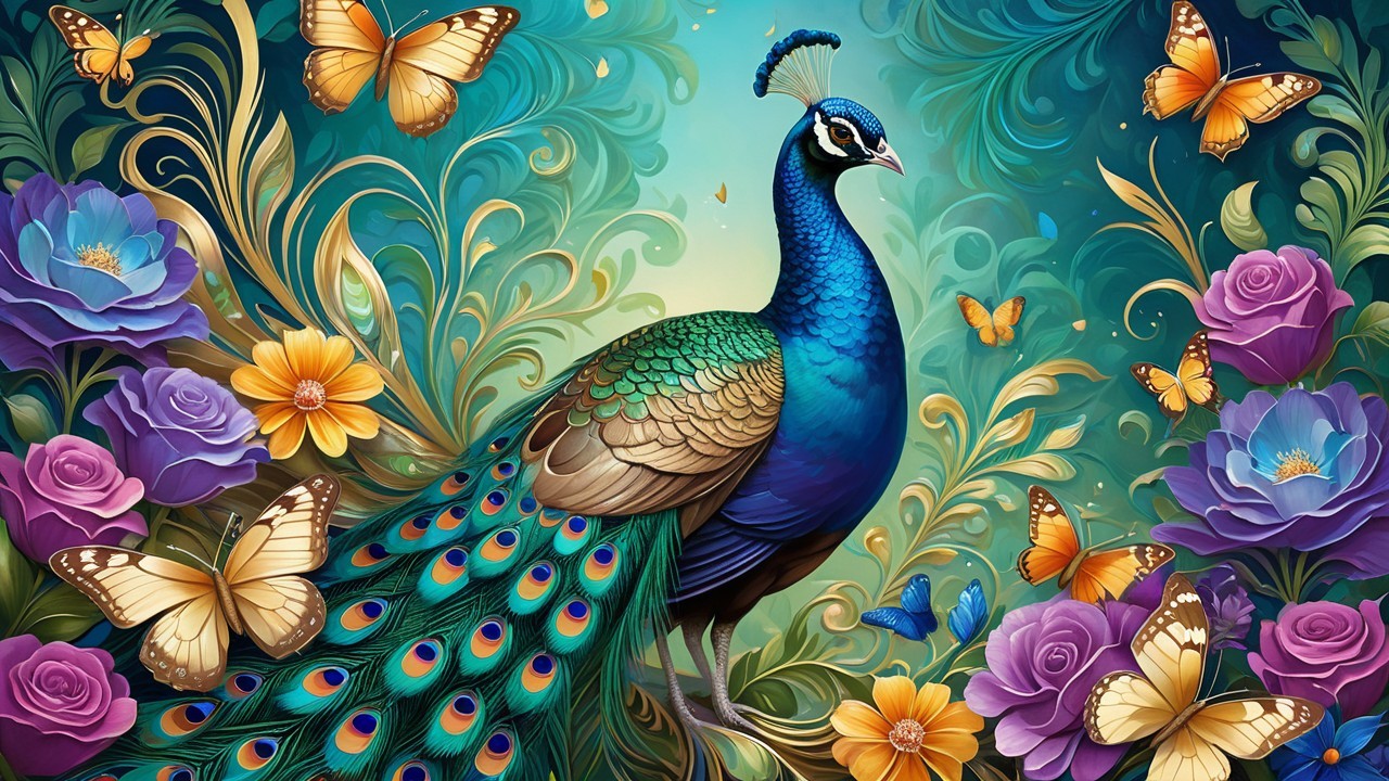 Vibrant Peacock with Floral Patterns and Butterflies
