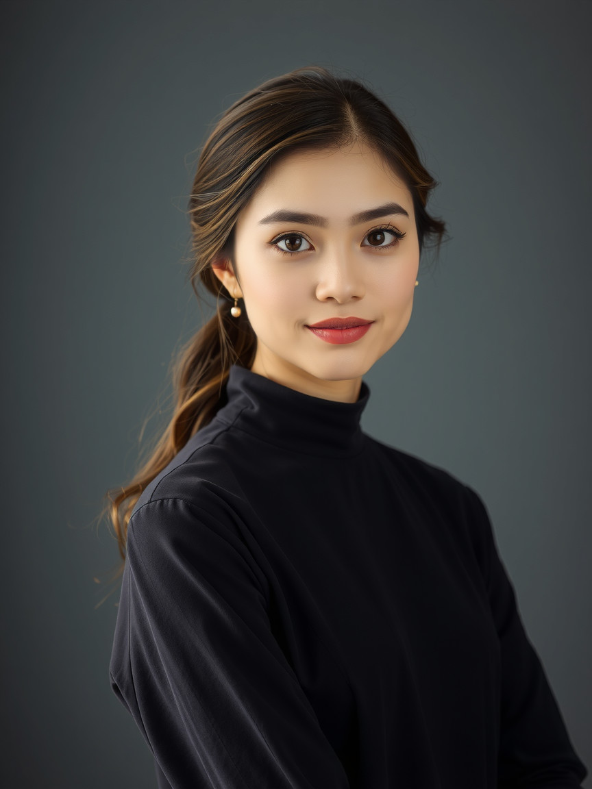 Young woman in black turtleneck with subtle smile