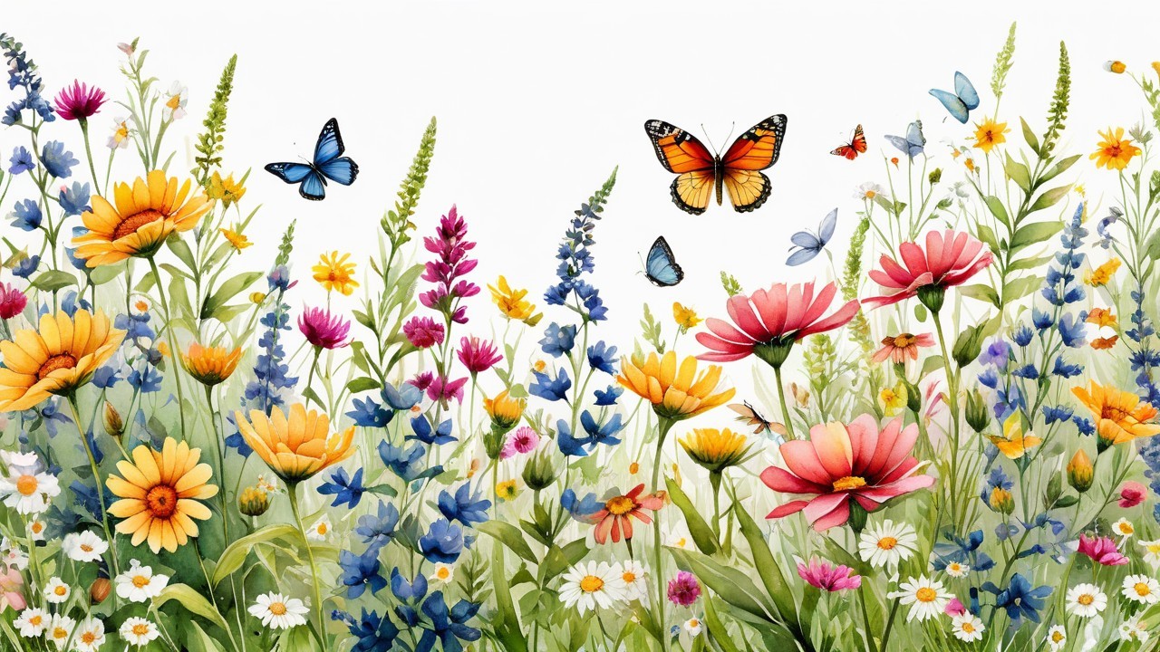 Colorful Meadow with Blooming Flowers and Butterflies