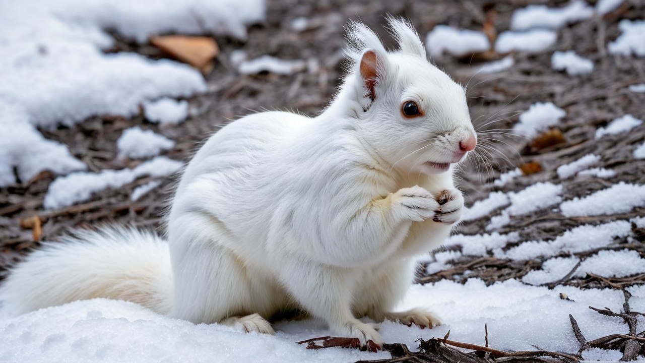 Fluffy White Squirrel on Snowy Ground with Treat