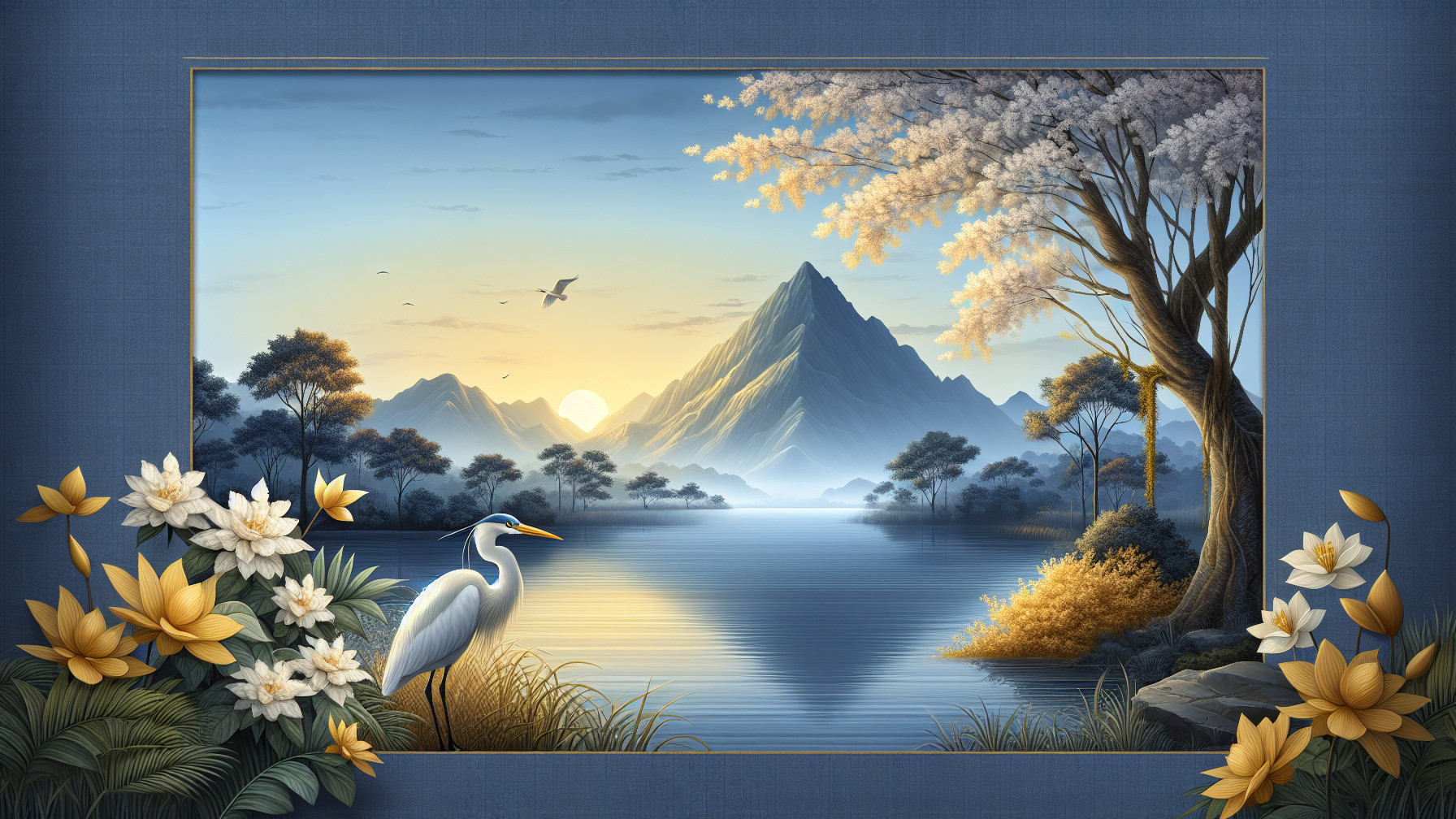 Tranquil Lake Landscape with Mountains and Cherry Blossoms