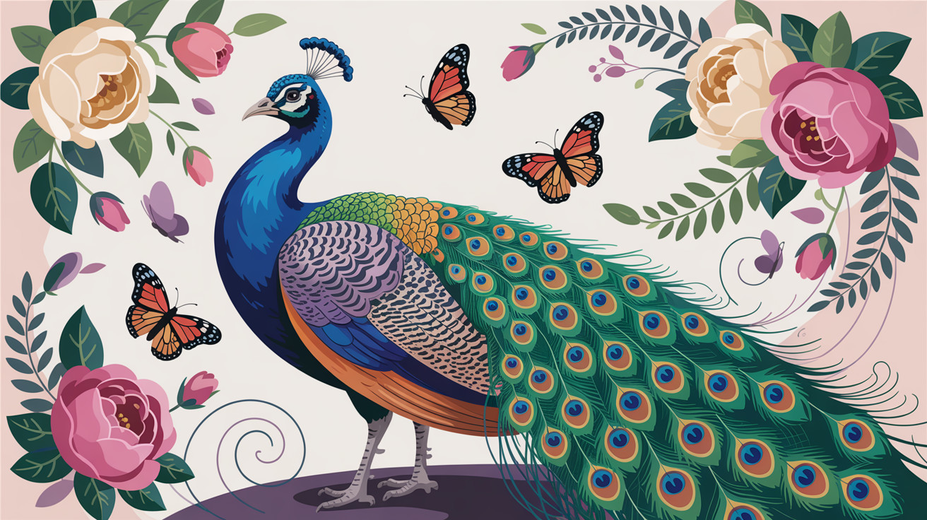 Vibrant Peacock Surrounded by Butterflies and Flowers