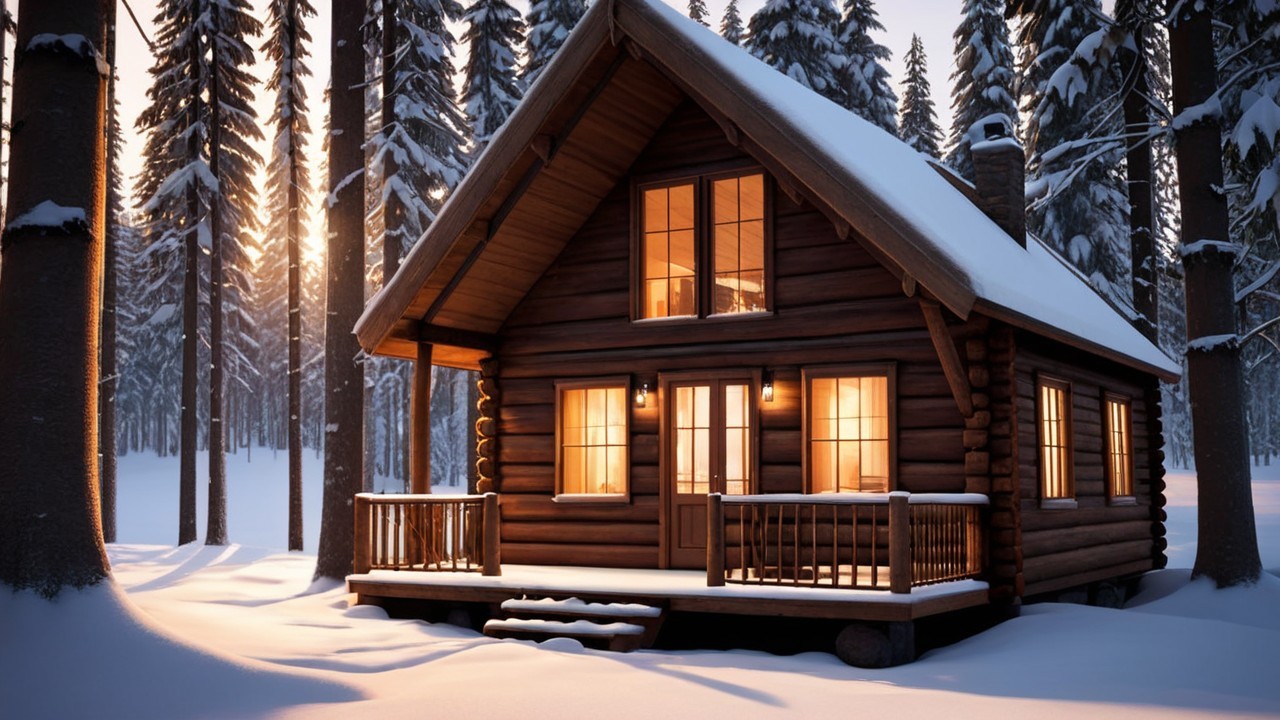 Cozy log cabin in snowy forest at sunrise or sunset