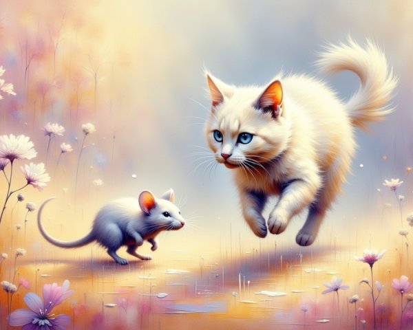 Fluffy White Kitten Chasing Grey Mouse in Pastel Field
