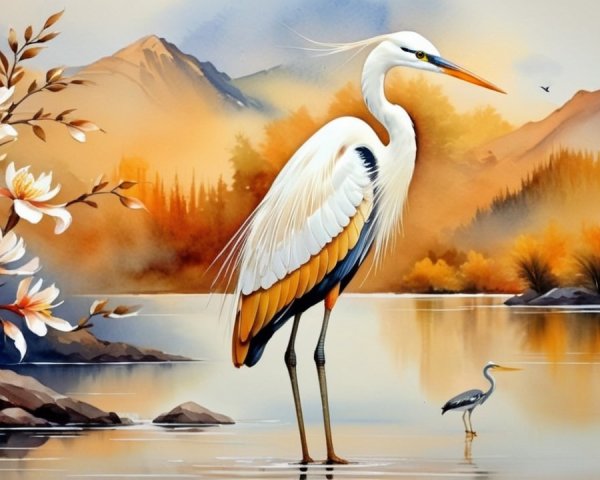 Serene Landscape with Herons and Tranquil Waters