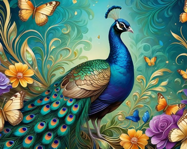 Vibrant Peacock with Floral Patterns and Butterflies