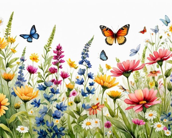 Colorful Meadow with Blooming Flowers and Butterflies
