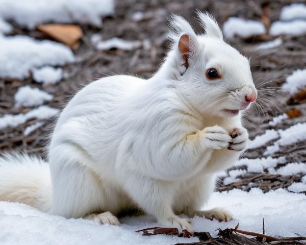 Fluffy White Squirrel on Snowy Ground with Treat