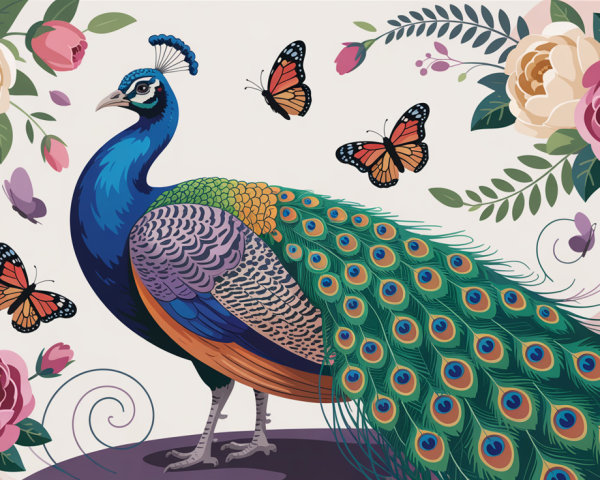 Vibrant Peacock Surrounded by Butterflies and Flowers