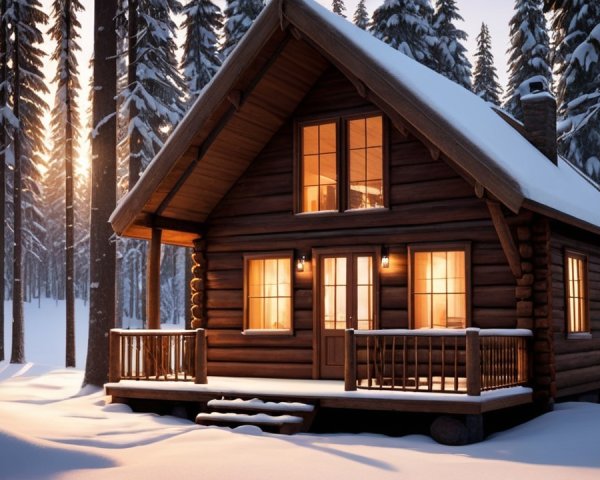 Cozy log cabin in snowy forest at sunrise or sunset