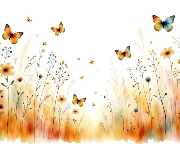 Tranquil Watercolor Scene of Wildflowers and Butterflies
