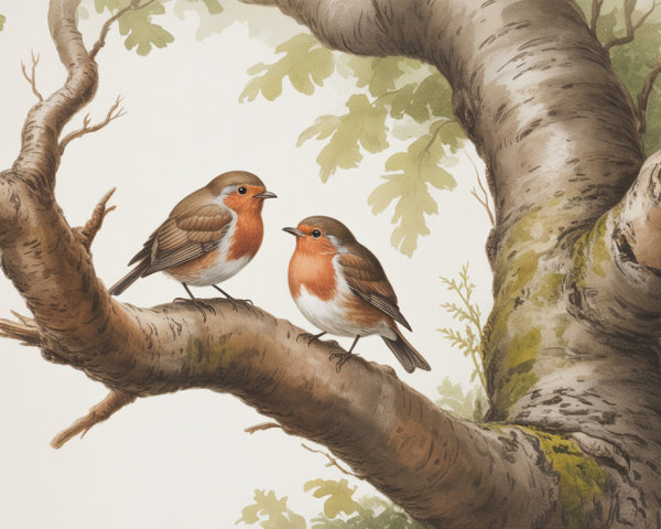 Small Birds on Gnarled Oak Branch with Green Leaves