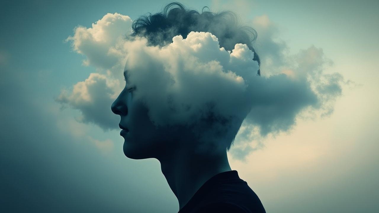 Surreal Profile Silhouette with Cloudy Thoughts