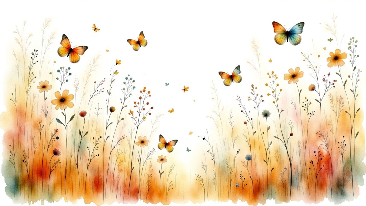 Tranquil Watercolor Scene of Wildflowers and Butterflies