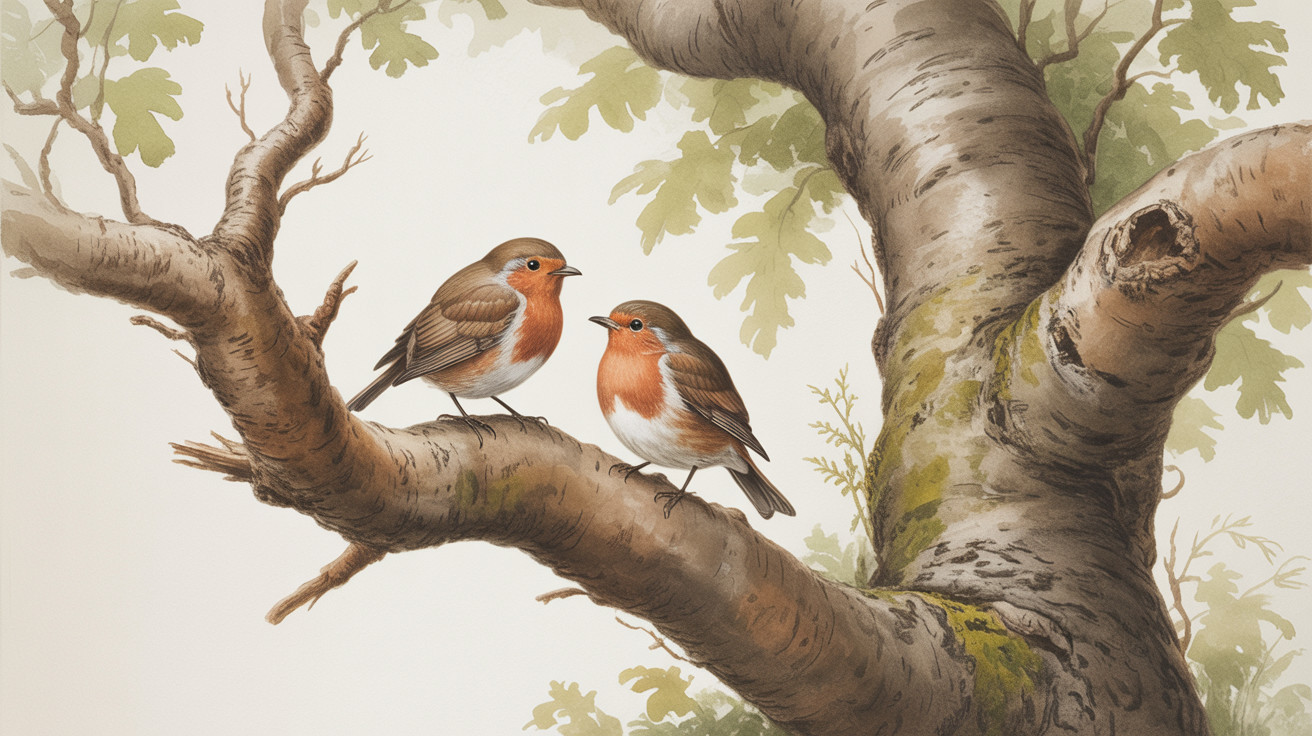 Small Birds on Gnarled Oak Branch with Green Leaves