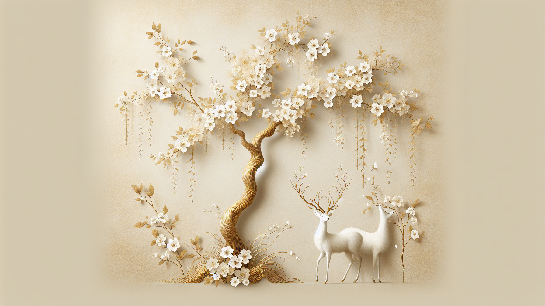 Stylized Tree with White Flowers and Graceful Deer