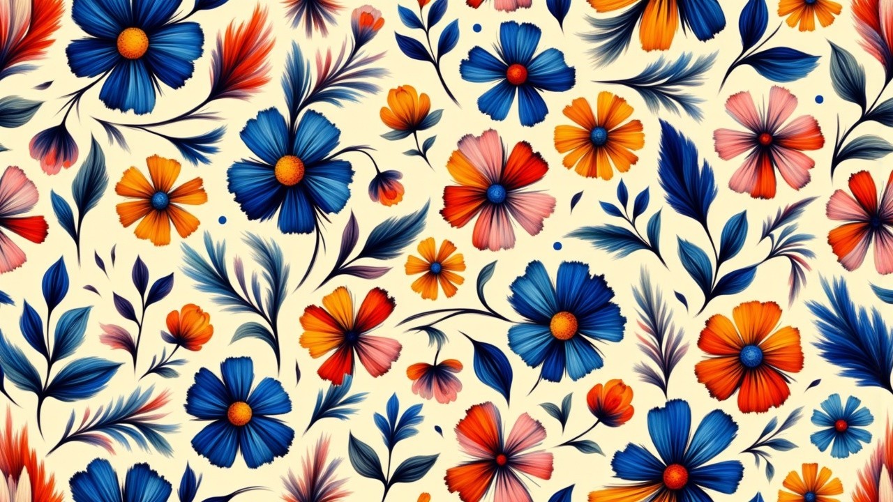Vibrant Floral Pattern with Blue, Orange, and Pink Flowers