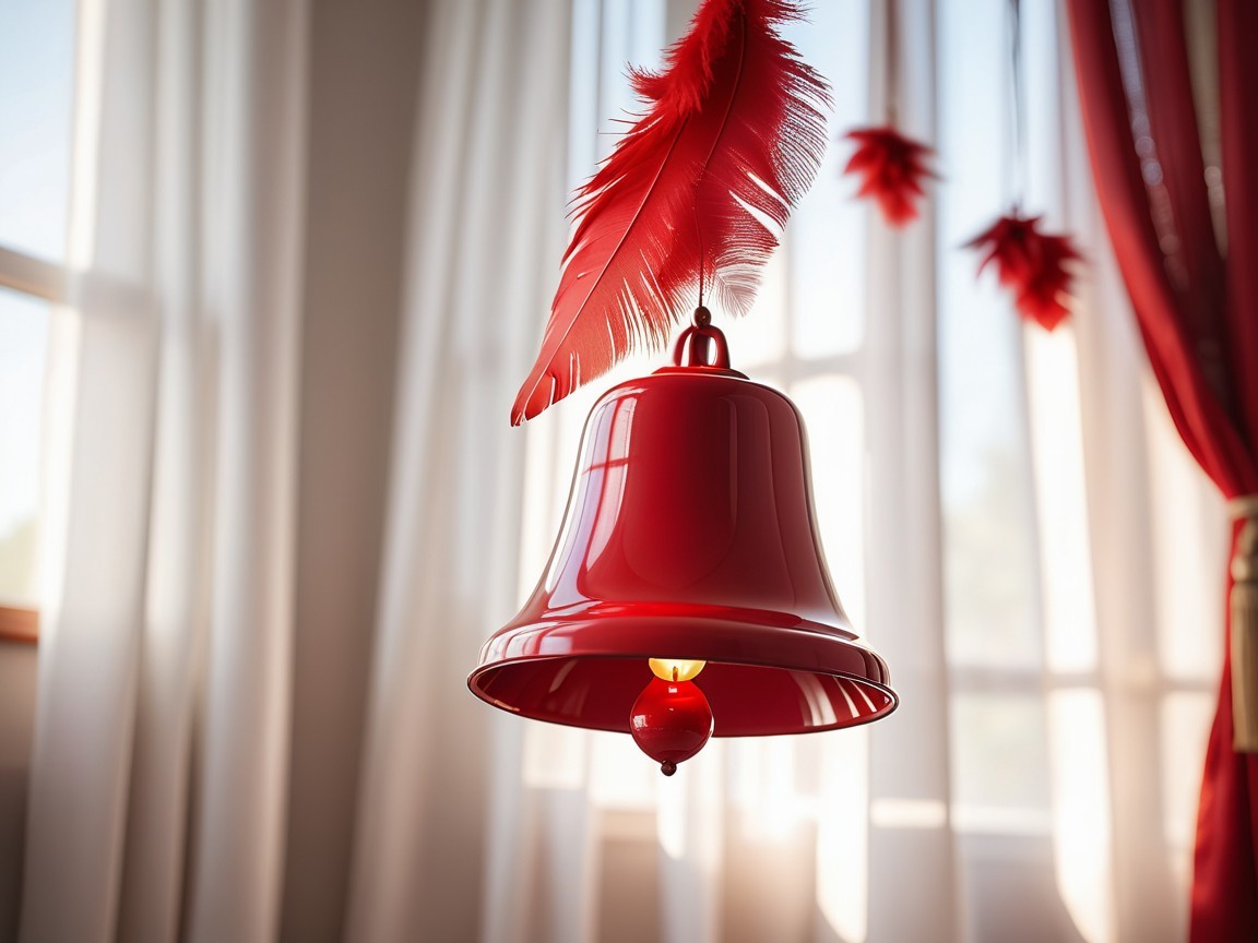 Vibrant Red Bell Decor with Feathers and Soft Lighting