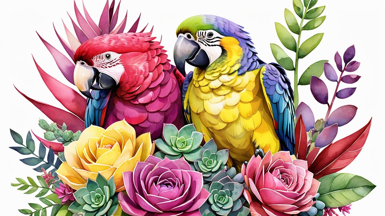 Colorful Parrots Amidst Tropical Foliage and Flowers