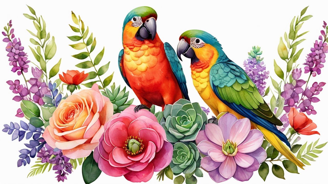 Vibrant Parrots Among Lush Tropical Flowers