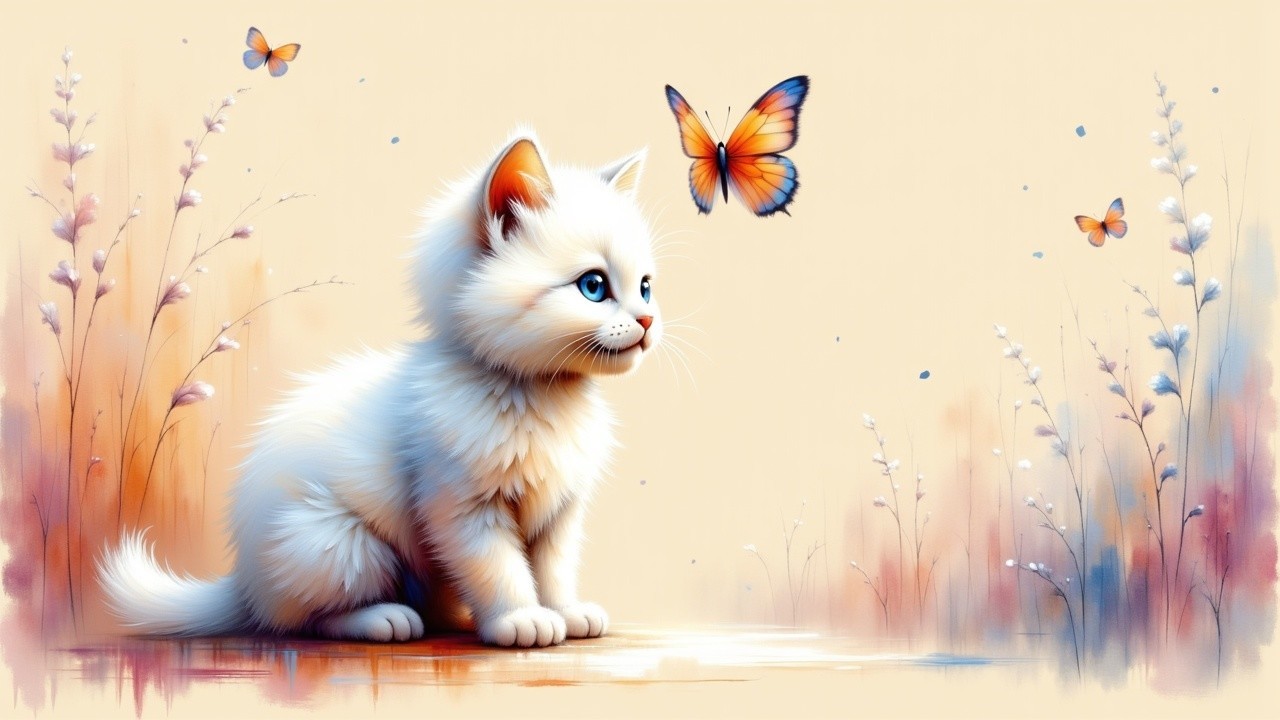 Fluffy White Kitten Observing Orange Butterfly in Grass