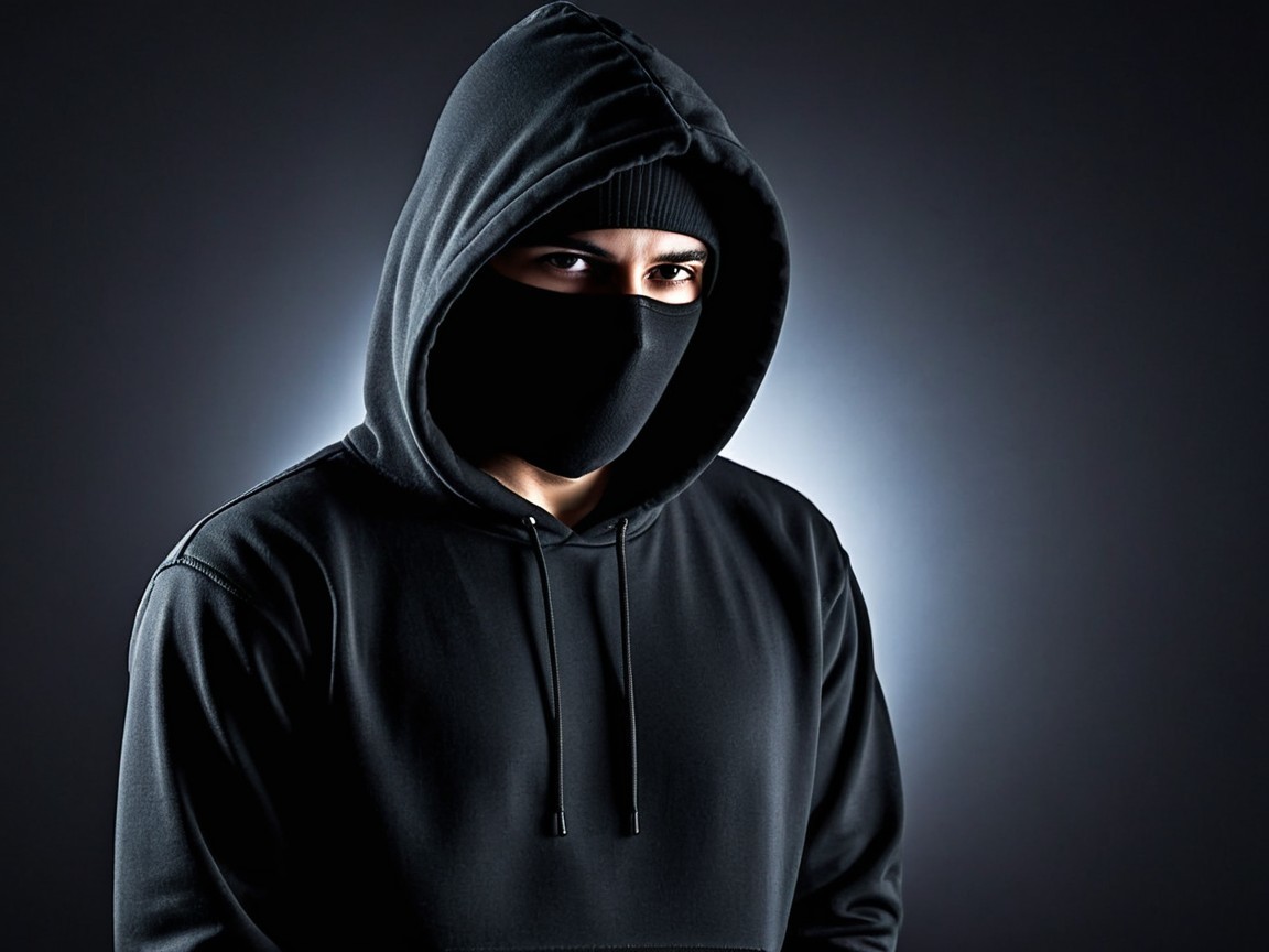 Mysterious Figure in Black Against Dark Background