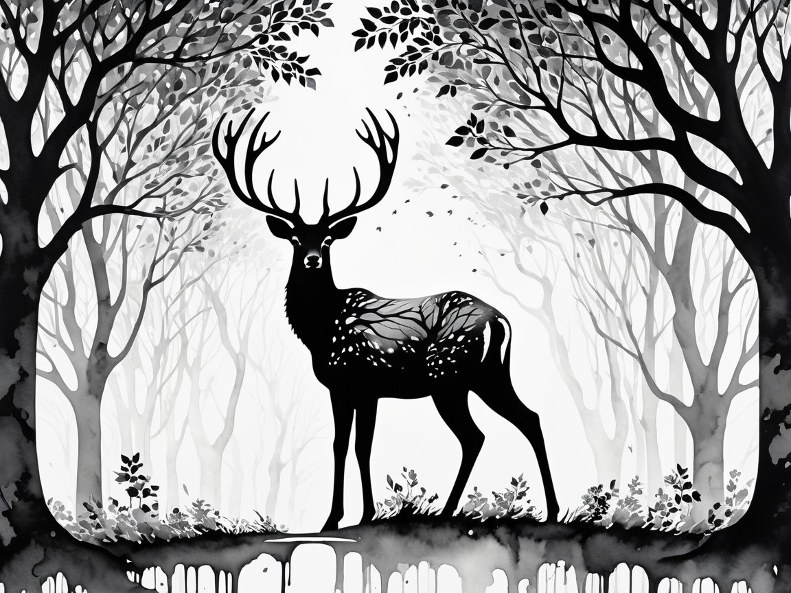 Majestic stag in a serene monochromatic forest scene