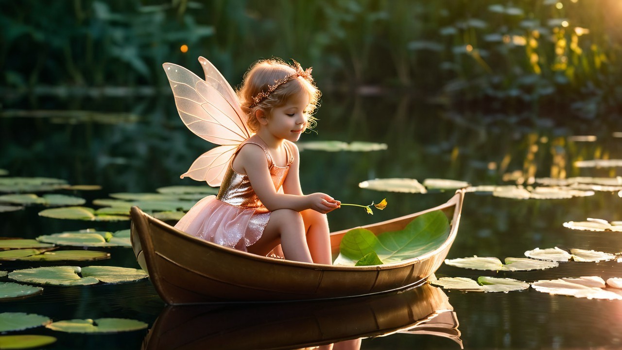 Young girl in fairy costume on pond in wooden boat