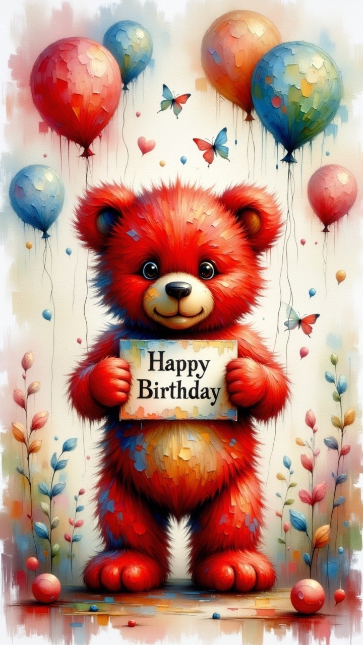 Cheerful Red Teddy Bear with Birthday Sign and Balloons
