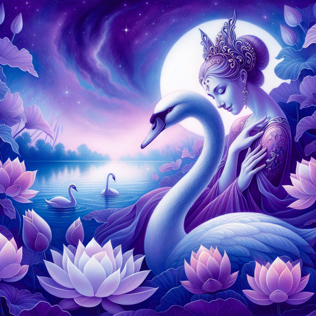 Ethereal Scene of Woman and Swan by Lotus Flowers