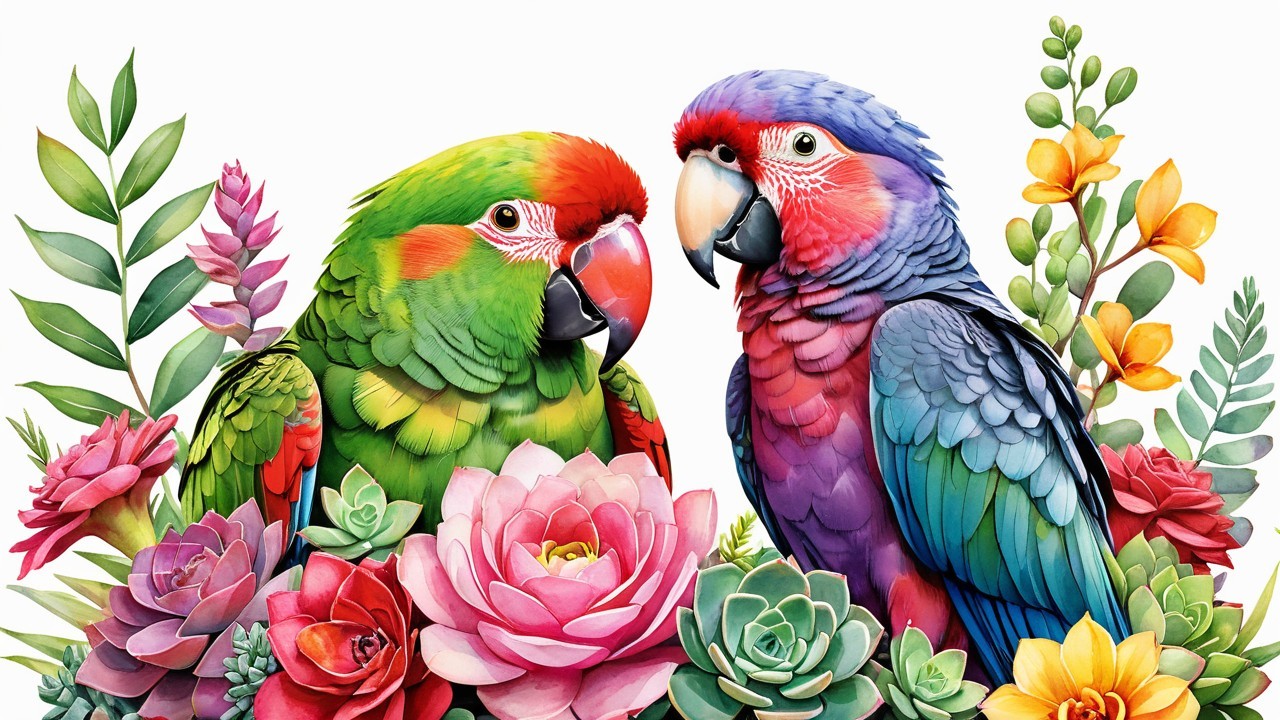 Vivid Parrots Surrounded by Colorful Tropical Flora